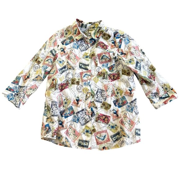 Chicos Women's Sz M Shirt Stamps & Butterfly Print 3/4 Sleeves Multicolor - Picture 2 of 9